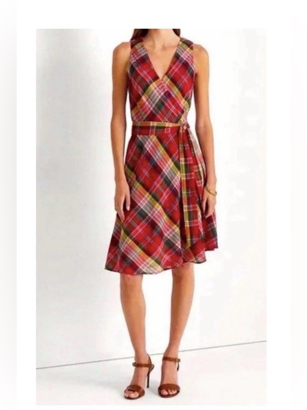 Ralph Lauren Red Plaid Sleeveless Midi Dress Size 12